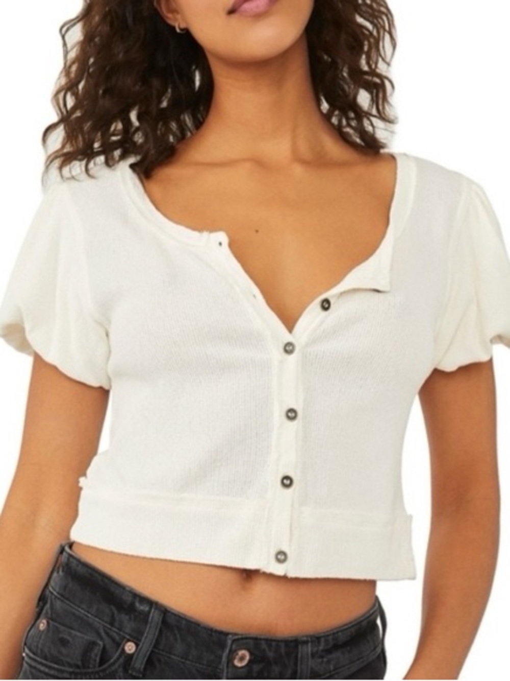 Free People Women’s Cream Button-Front Ribbed Crop Top